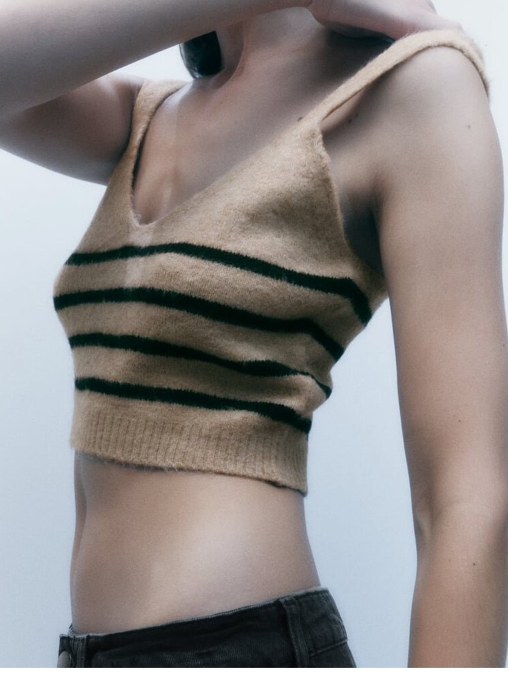 Zara Tan Striped V‑Neck Crop Top